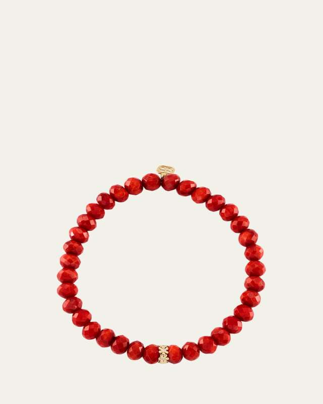 Tiny Daisy Rondelle on Orange Bamboo Coral Faceted Bead Bracelet